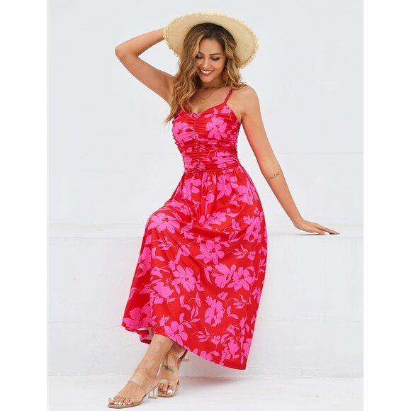 Women's Red Spring Summer Adjustable Spaghetti Strap Floral Beach Long Maxi - Picture 2 of 6